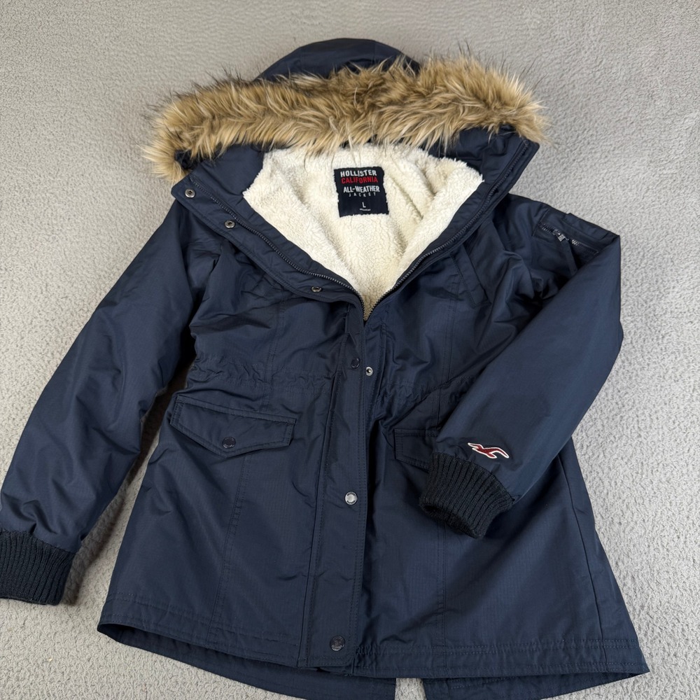 Hollister Jacket Womens Large Navy All-Weather Parka Faux Fur Hood Sherpa Lined